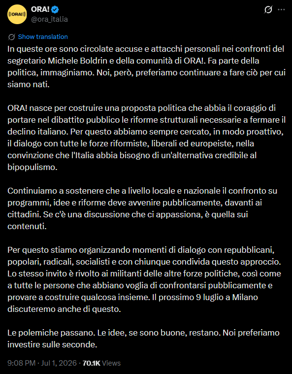 calenda ora tweet
